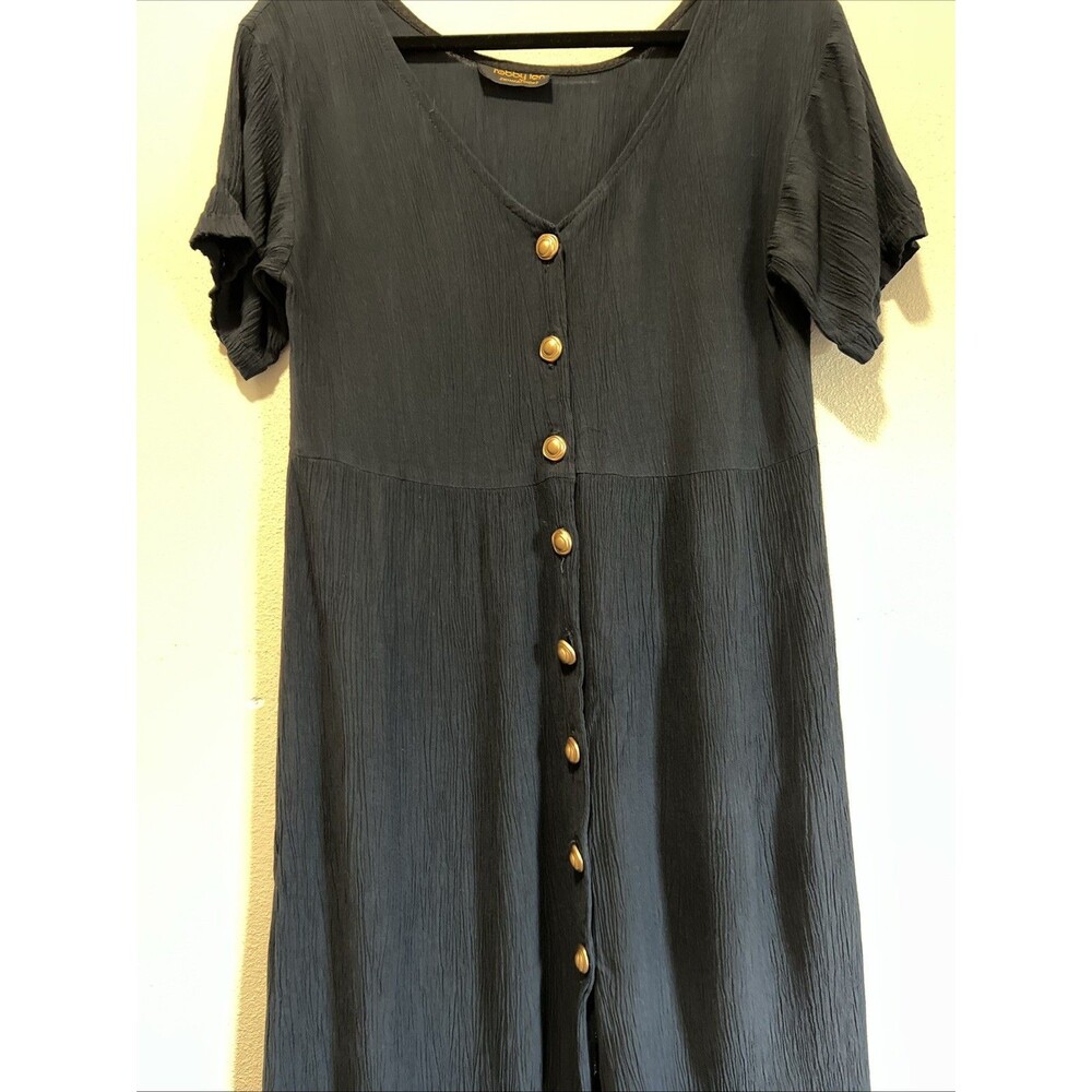 Women’s VTG Black Slip Dress Gold Buttons Slit 90s Rachel - Picture 5 of 5